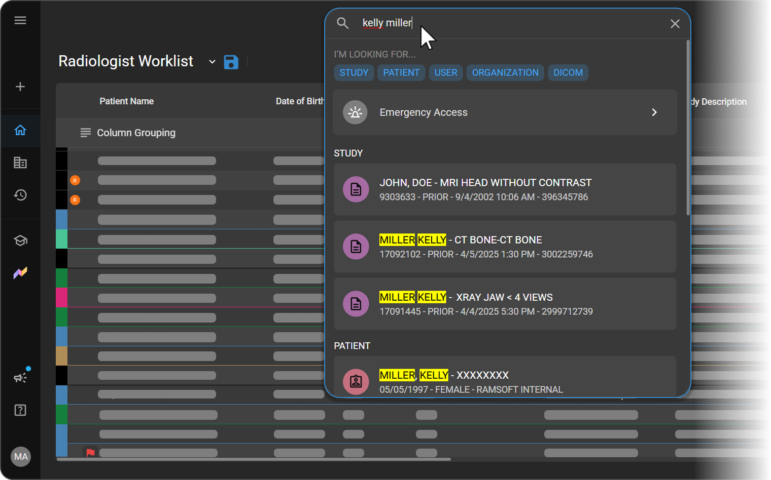 Global Search dropdown showing real-time matching studies