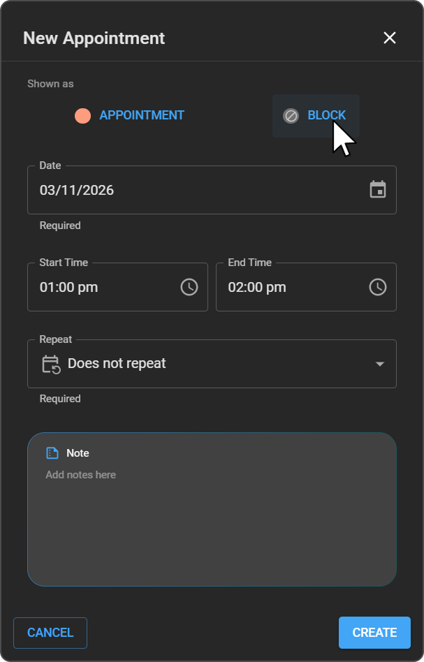 New Appointment window with Block selected under Shown as, showing Date, Start Time, End Time, Repeat, and Note fields