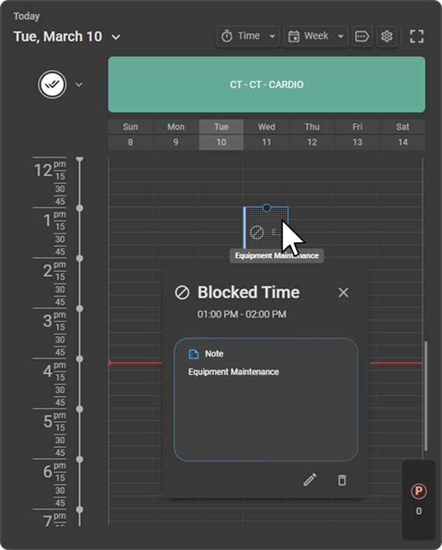Blocked Time panel showing Edit and Delete options