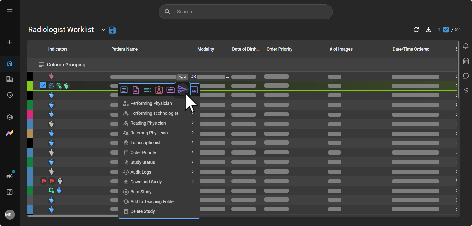 Right-click menu on a selected study, with the Send icon (arrow) highlighted in the quick-access icon row.