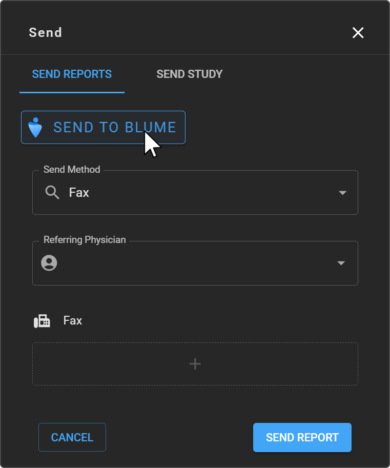 Send Reports tab, showing the Send to Blume shortcut button at the top of the panel.