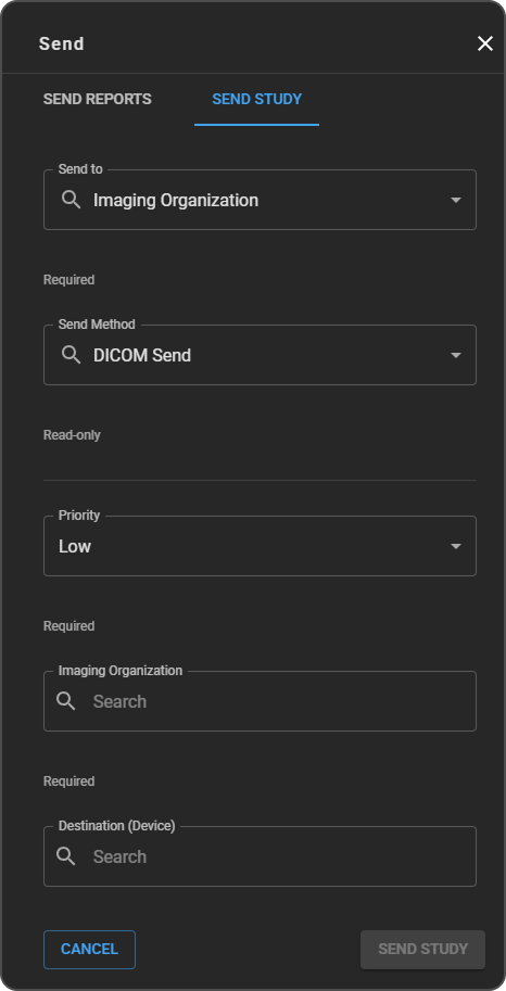 Send Study tab set to Imaging Organization — DICOM Send method, Priority, Imaging Organization, Destination (Device), and De-identify Study fields.