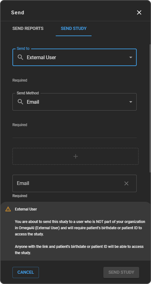 Send Study tab set to External User — Email send method, recipient email fields, and the External User warning at the bottom of the panel.