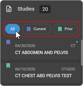 Study list filter tags — All, Current, Prior