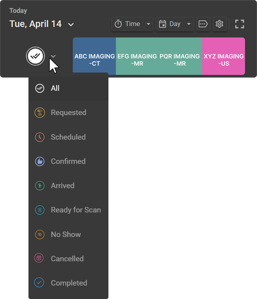 Status filter dropdown showing all appointment status options with colored icons
