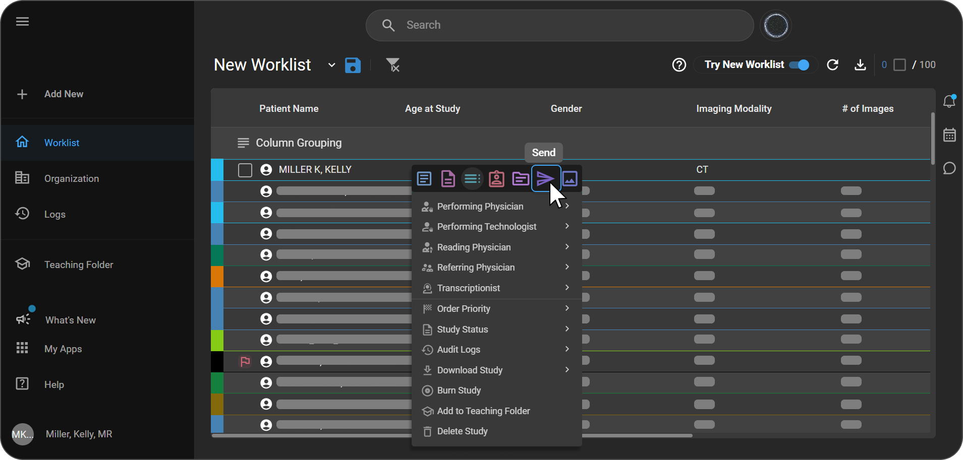 New Worklist – right-click to reveal inline toolbar, then click Send icon