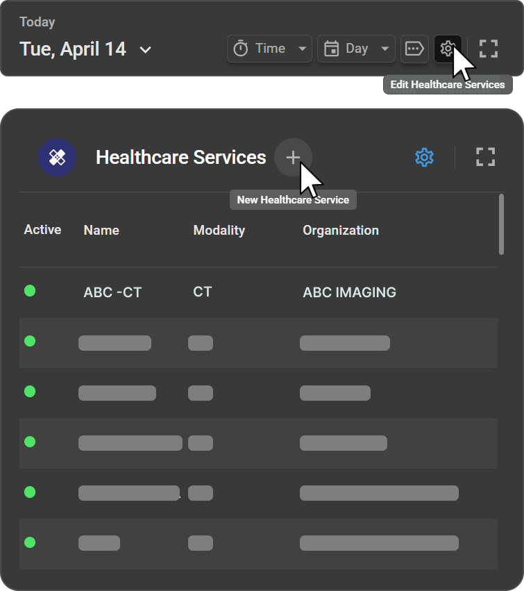 Healthcare Services list showing Active status, Name, Modality, and Organization columns