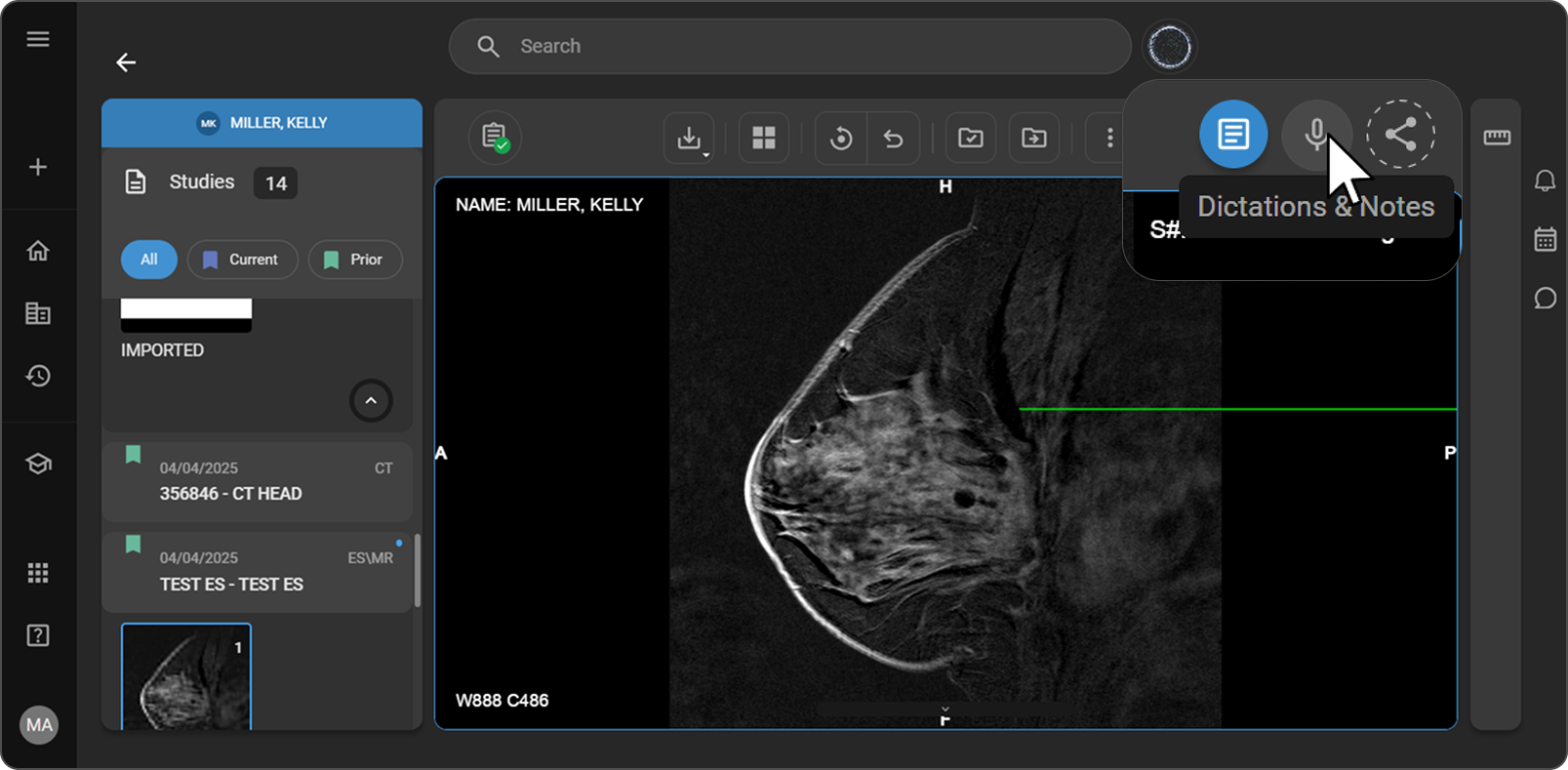 Image Viewer top toolbar with the Dictations & Notes icon highlighted