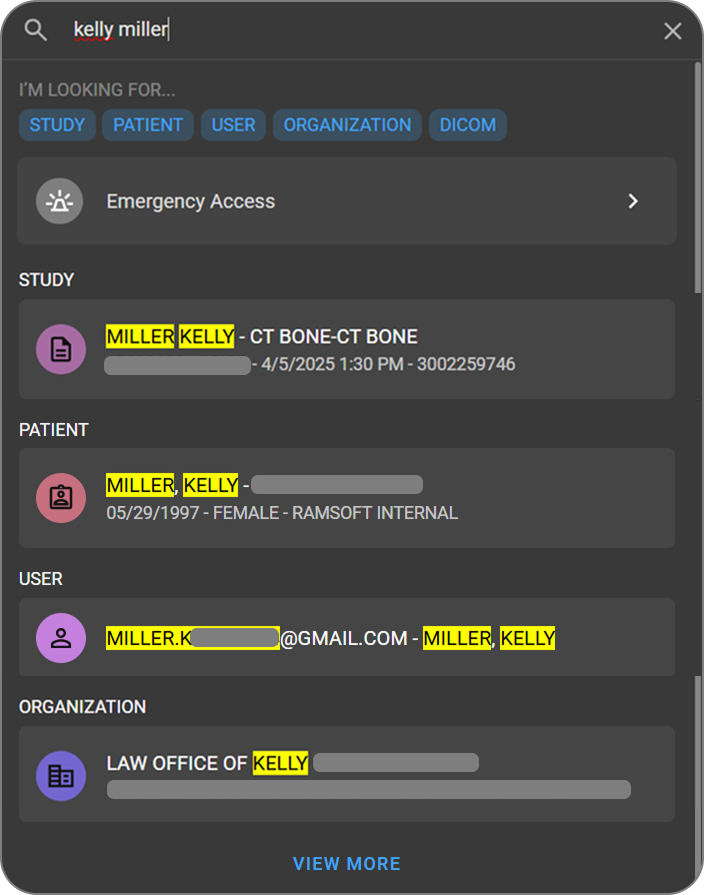 The search dropdown showing results grouped by category, with View More links