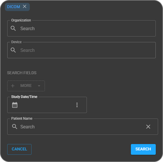 The DICOM Search panel with organization, device, and search fields, plus Download All Results