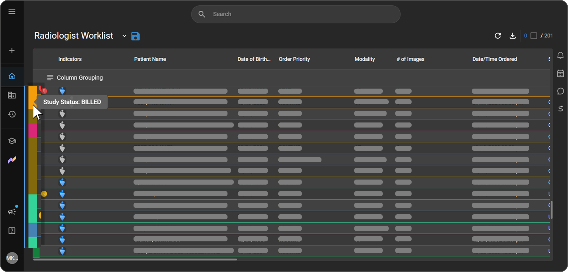 Worklist rows showing the study status colour bar along the far-left edge