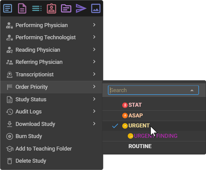 Right-click menu with the Order Priority search dropdown open
