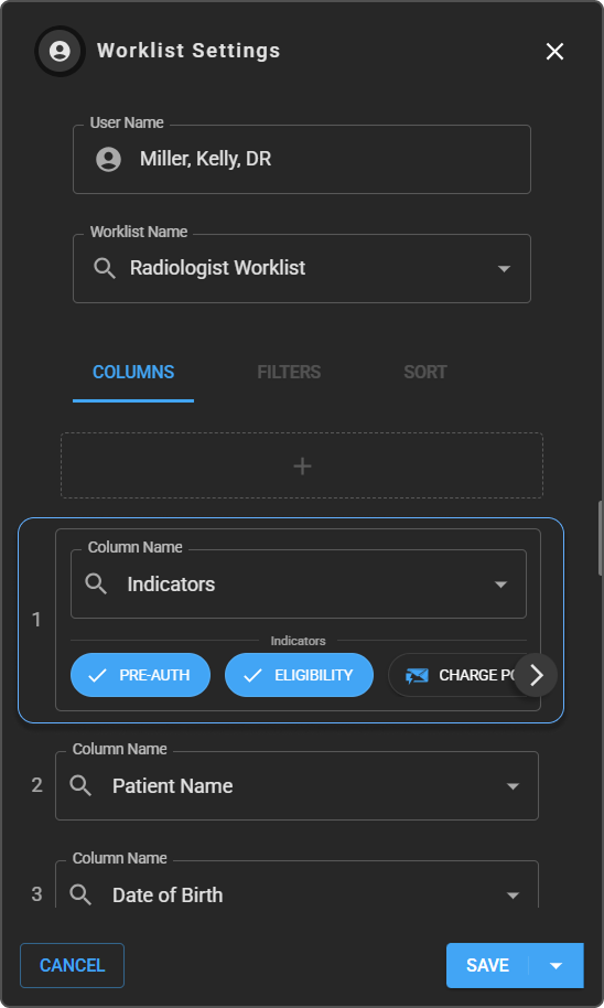 Worklist Settings panel with the Indicators toggle chips enabled