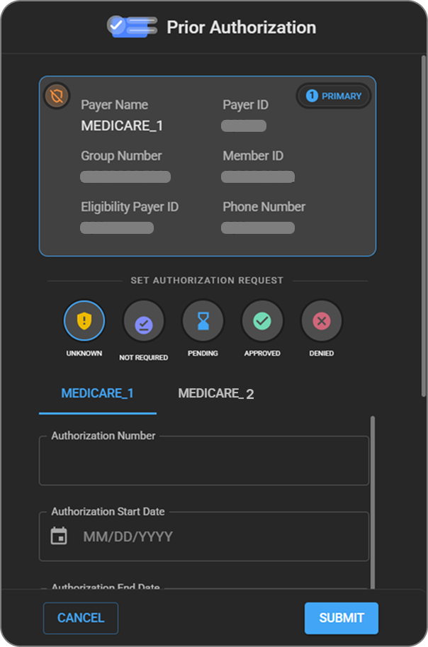 Prior Authorization panel — authorization status and payer fields