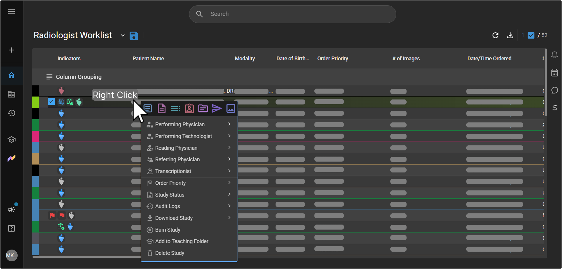 Right-click menu showing the quick-access icon row and the action list