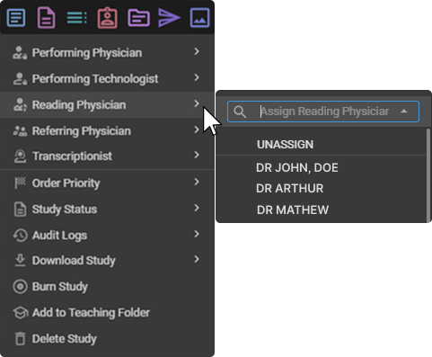 Assign Reading Physician search dropdown with UNASSIGN listed above the names