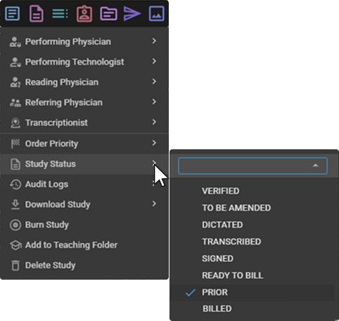 Study Status search dropdown opened from the right-click menu