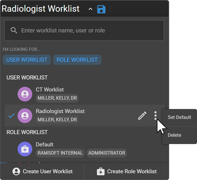 A worklist row hovered in the Selector, showing the Edit (pencil) and More options (⋮) controls.
