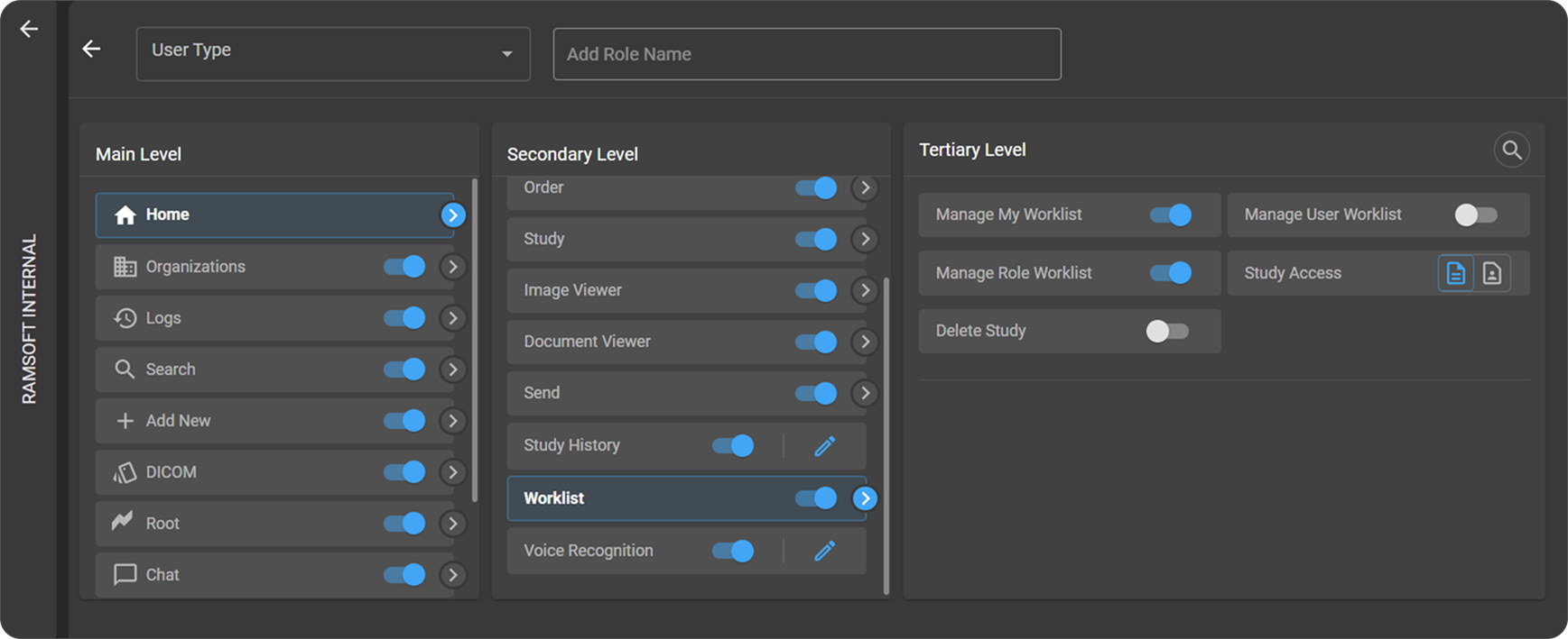 The UAC role settings under Home → Worklist, showing the worklist permission toggles.