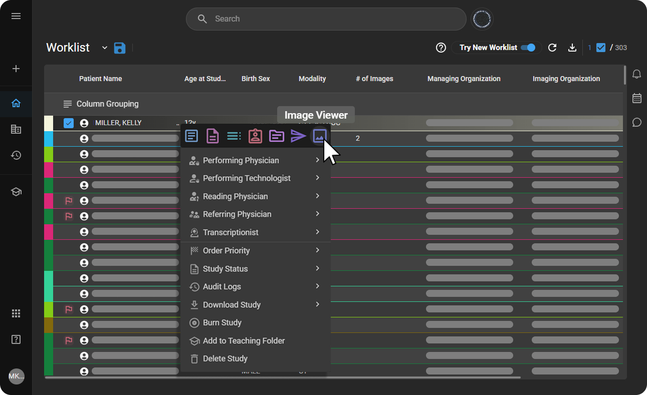 Worklist showing right-click context menu with Image Viewer option