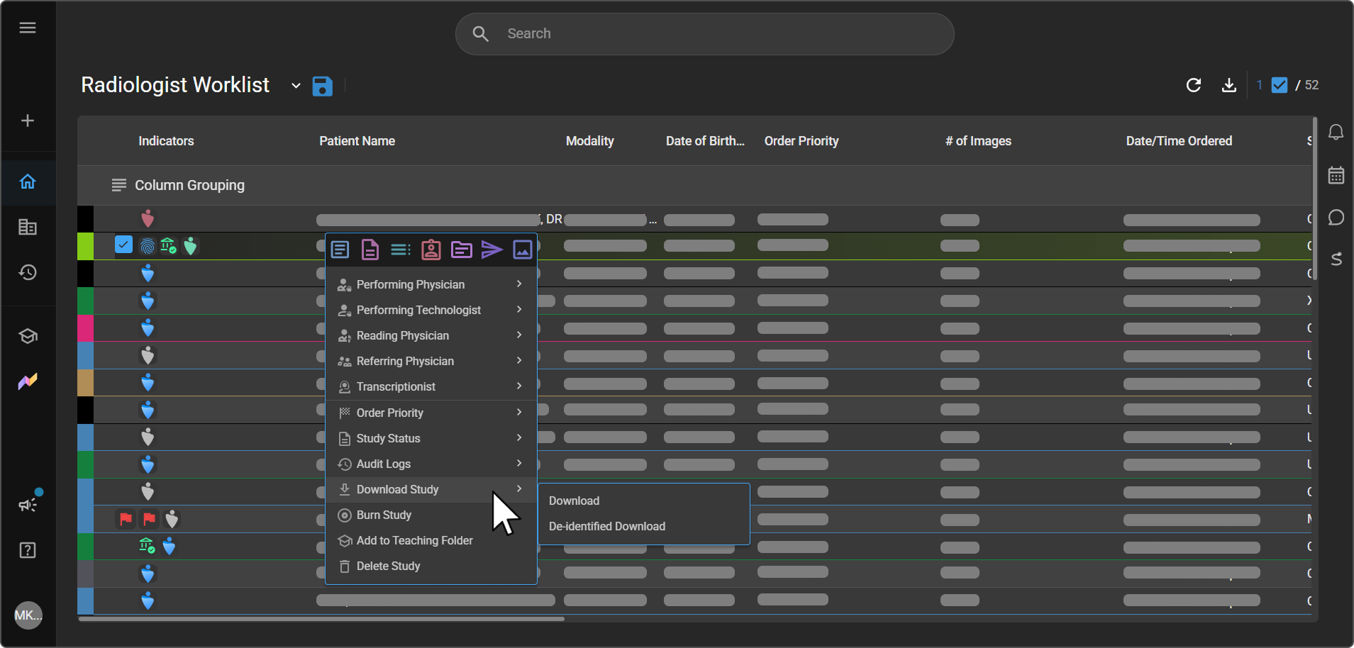 El menú contextual con la opción «Descargar estudio» desplegada, en el que se muestran «Descargar» y «Descarga anonimizada».