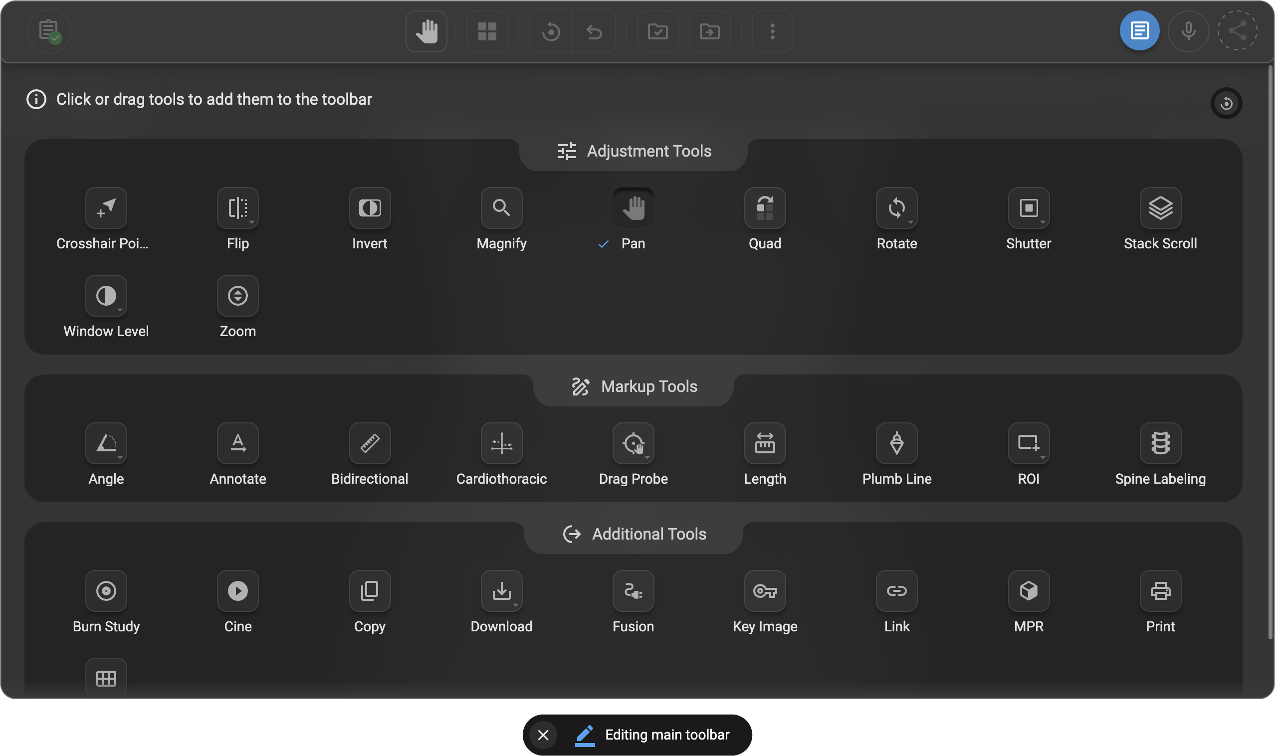 Toolbar tool categories showing Markup, Adjustment, and Additional Tools