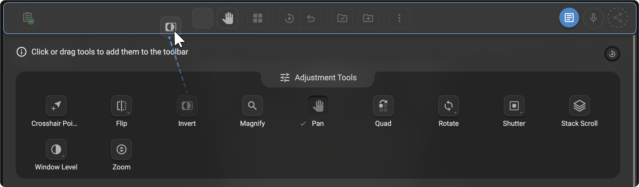 Tool being added to the toolbar with checkmark visible