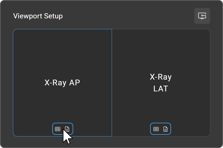 Per-viewport quick icons — Tile Layout and Prior Selection at the bottom of a viewport cell