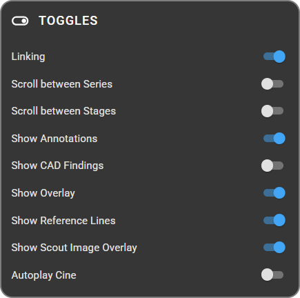 Toggles section with each viewing feature set Active or Inactive