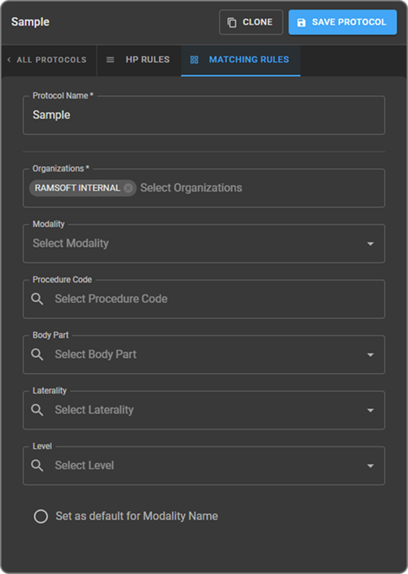 Save Protocol dialog with the Organization dropdown