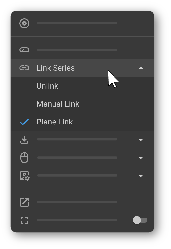 Link Series submenu showing Unlink, Manual Link, and Plane Link options