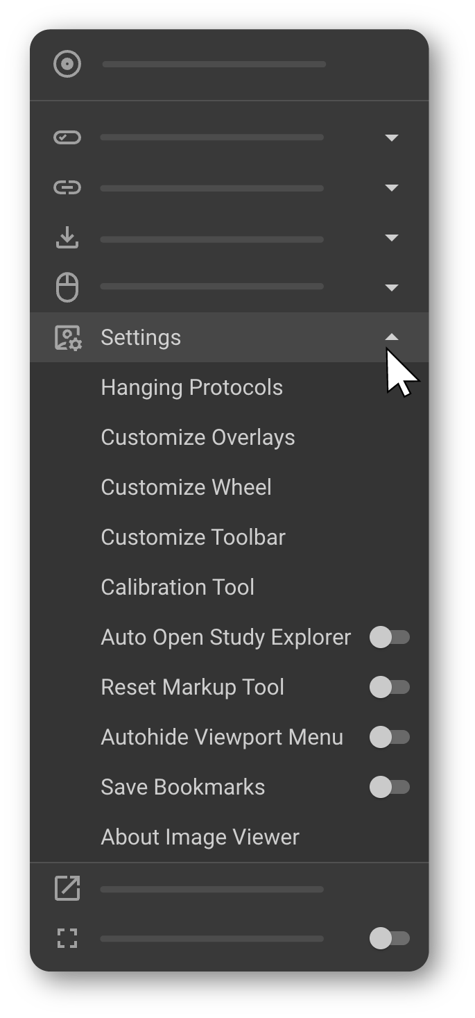 Settings submenu expanded showing all configuration options