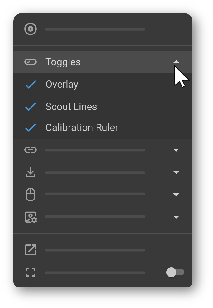 Toggles submenu showing Overlay, Scout Lines, and Calibration Ruler options