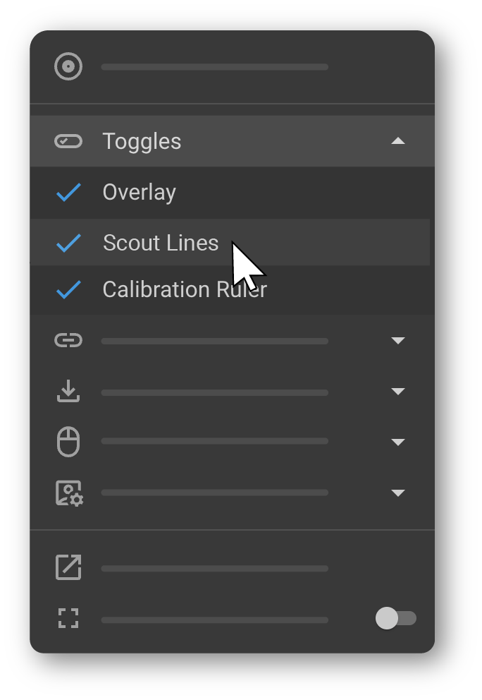 Scout line displayed on the scout image indicating the current slice position