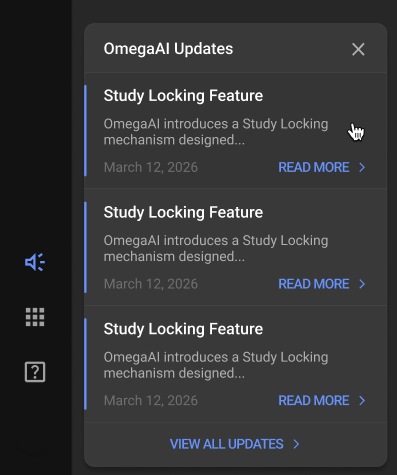 The Release Updates notification panel in OmegaAI
