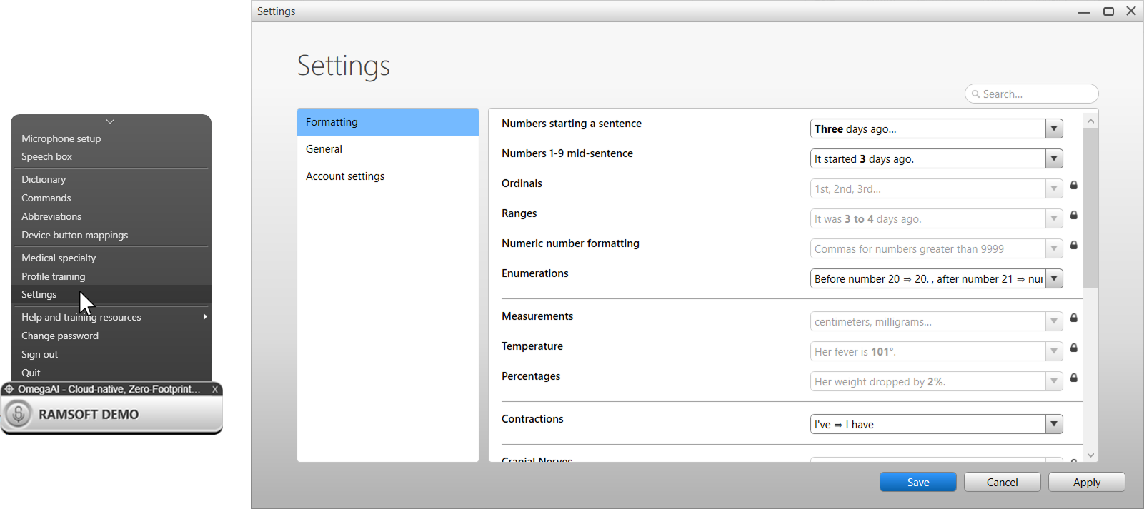 Settings dialog