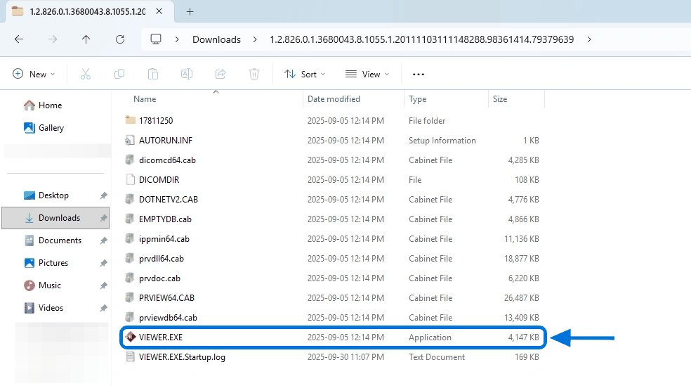 Extracted study folder with VIEWER.EXE highlighted