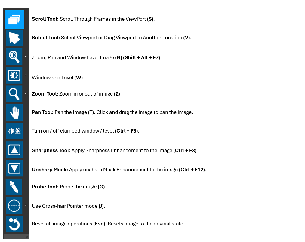 Navigation and view tools: Scroll, Select, Zoom/Pan/Window-Level, Window and Level, Zoom, Pan, clamped Window/Level, Sharpness, Unsharp Mask, Probe, Cross-hair Pointer, and Reset