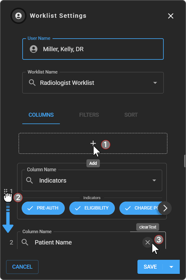 The Columns tab listing the current worklist columns, with the + button, drag handles, and trash can icons.