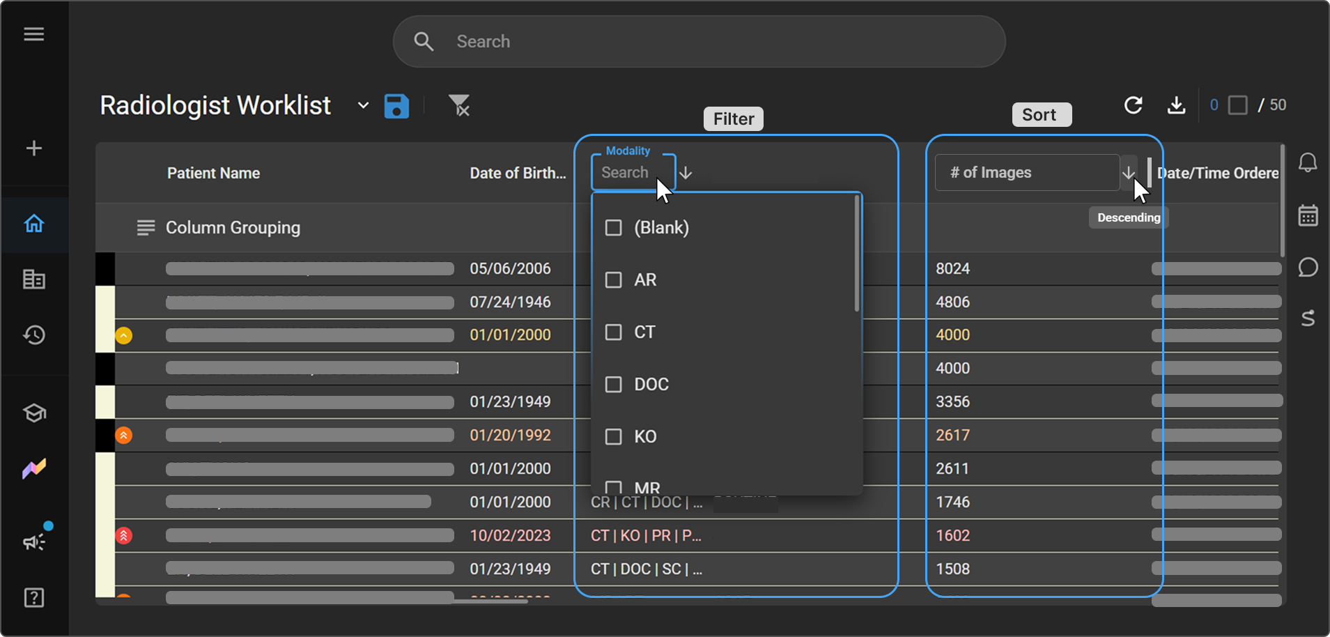 A worklist column header showing the inline search box, filter pill, and sort arrow.