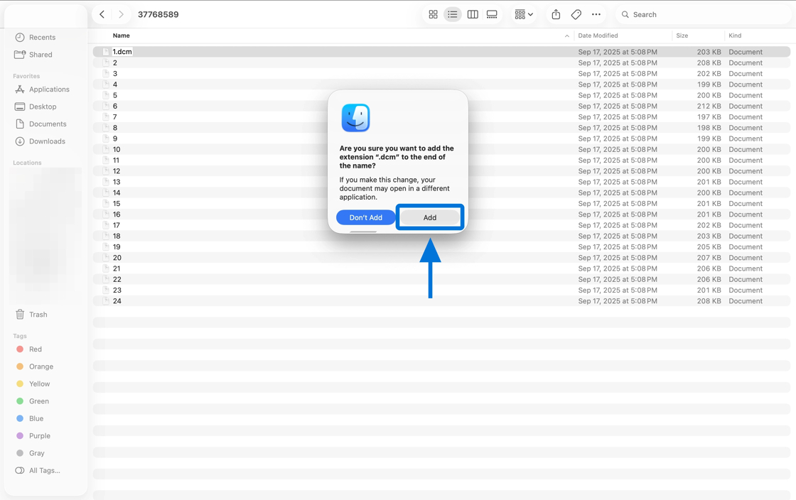 Confirmation dialog for adding the .dcm extension
