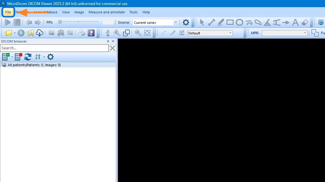 File menu in a DICOM viewer (MicroDicom shown)