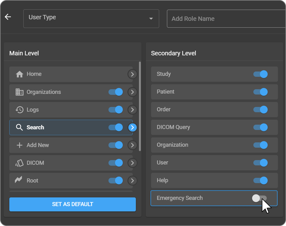 Roles page with the Emergency Search toggle enabled