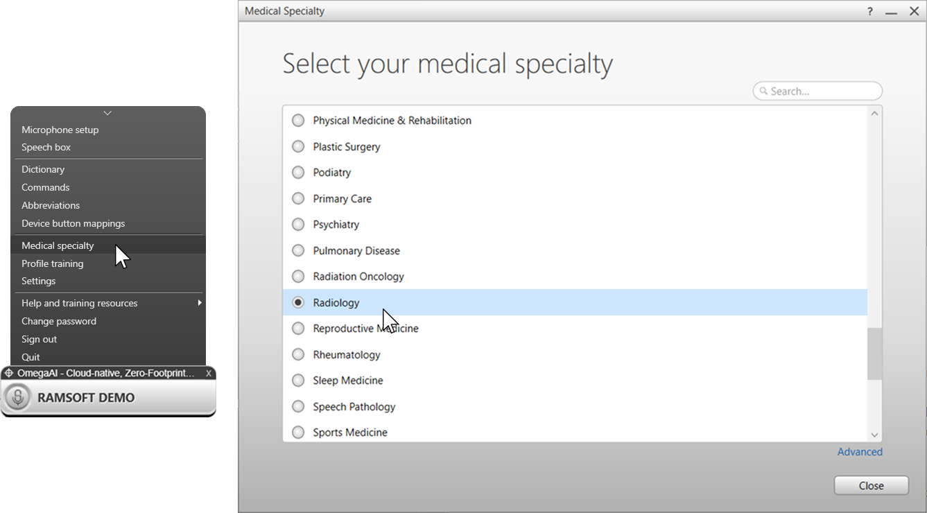Medical Specialty dialog