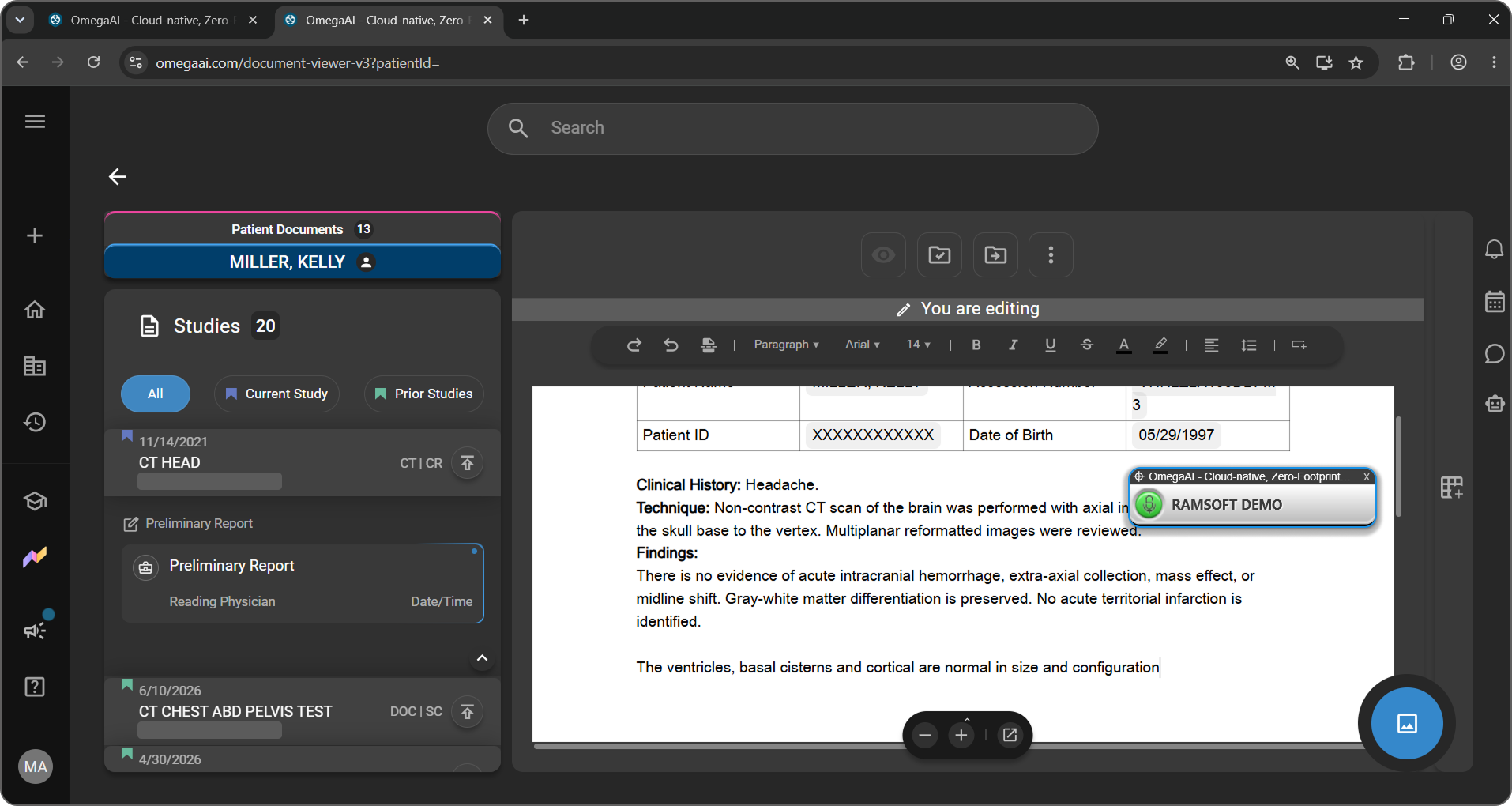 Dictating into the OmegaAI Document Viewer