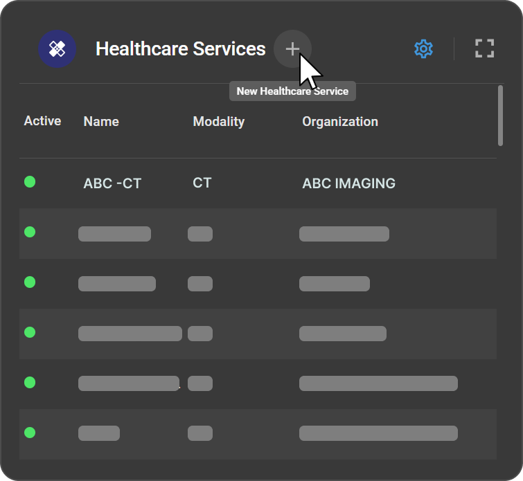 New Healthcare Service form showing Organization, Resource Name, Display Color, Modality, and Default Duration fields