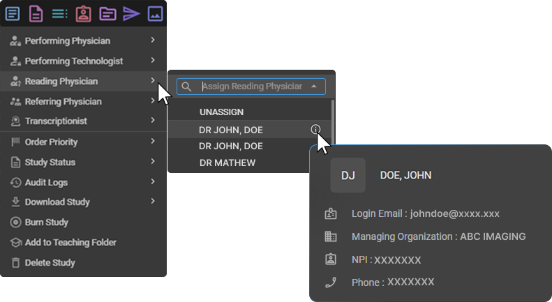 Details card for a physician in the Assign Reading Physician dropdown, showing login email, managing organization, NPI, and phone