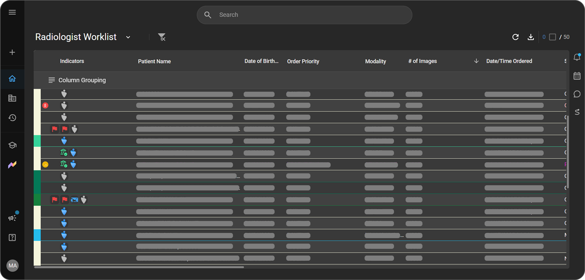 The OmegaAI Worklist screen, showing the study queue and the current worklist name at the top left.